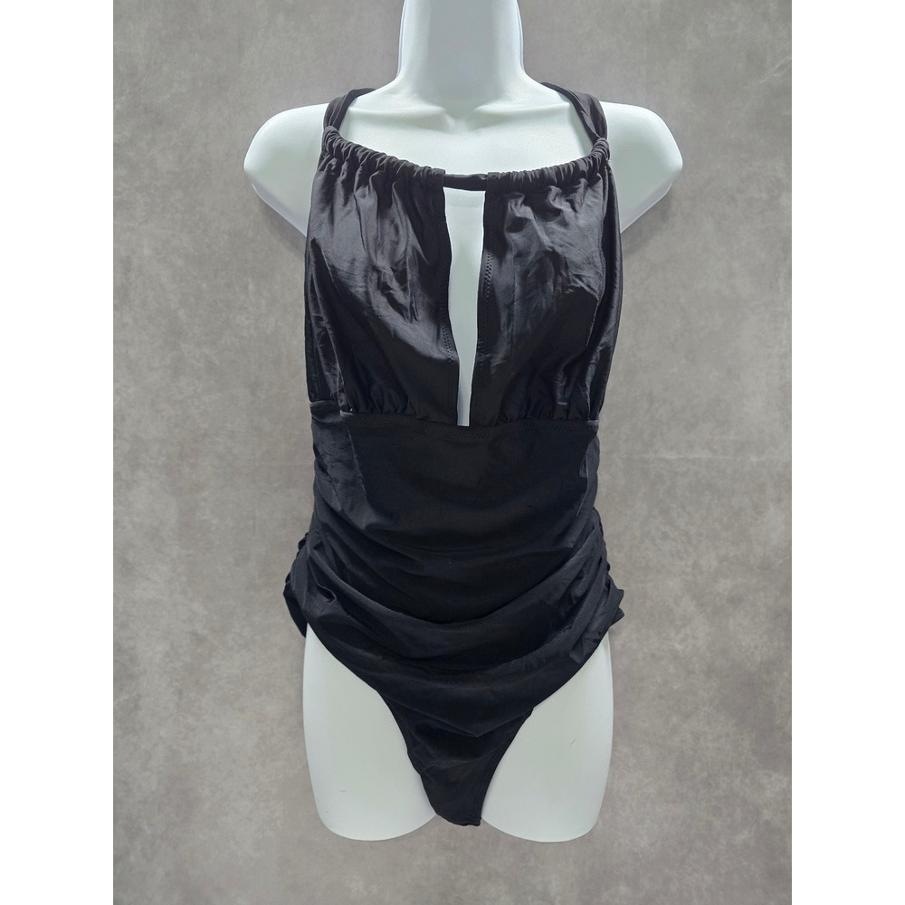 Cupshe Black Whimsy Goth Ruched One Piece Halter Swimsuit Beach Vacation Large